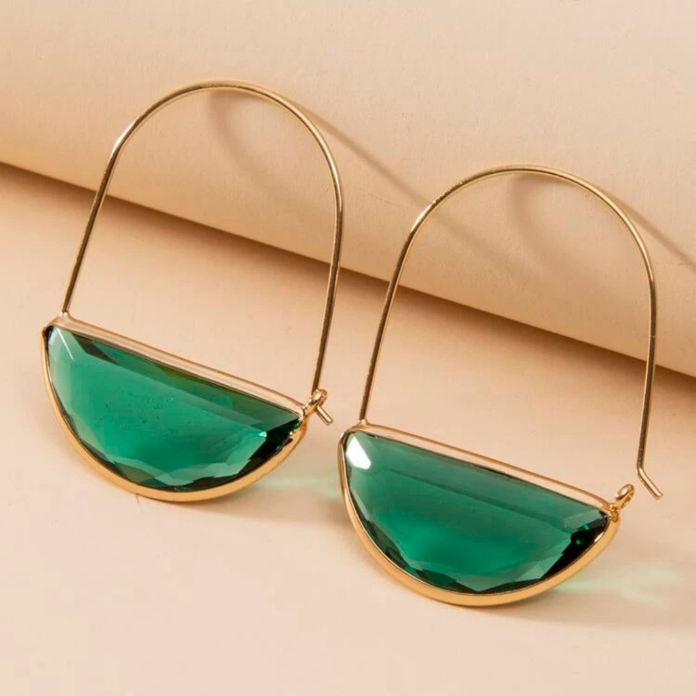 Crescent Gold hoop green earrings